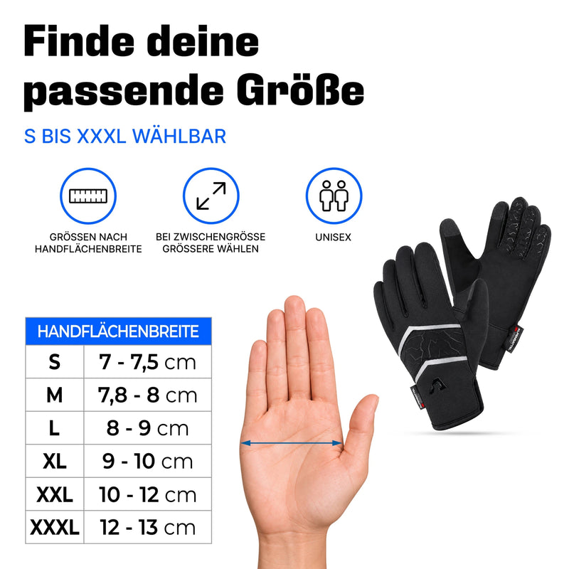 Größentabelle PolarTherm 2.0 nach Handflächenbreite, Größen S bis XXXL