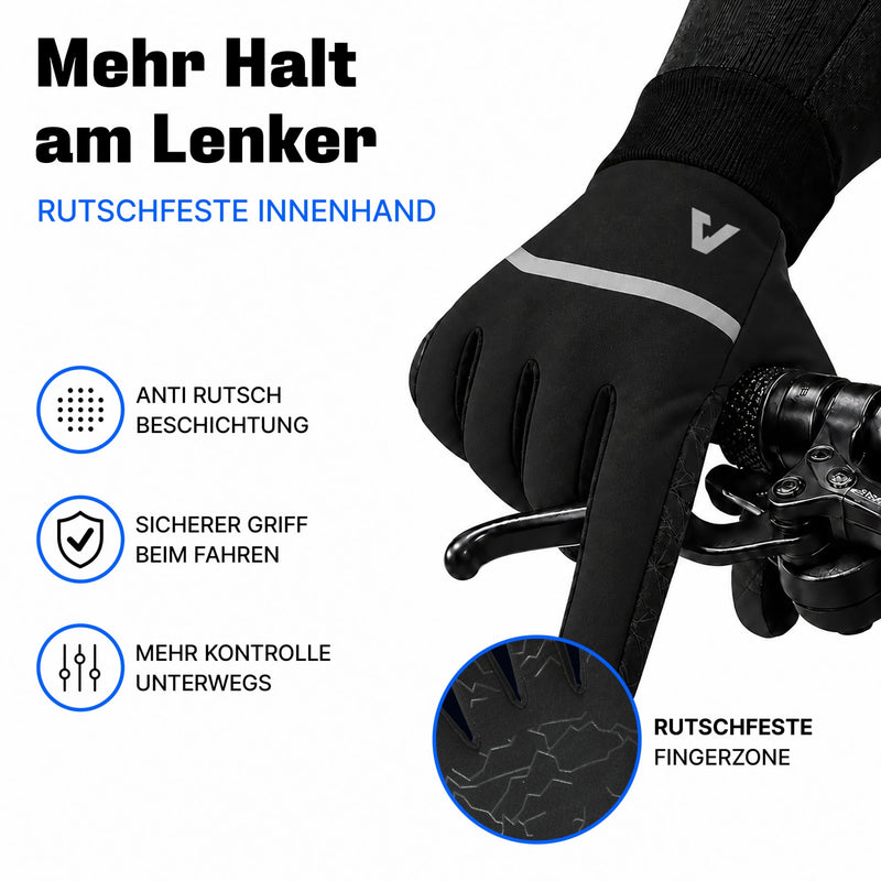 Thermo Handschuhe 3.0 in Schwarz am Bremshebel: rutschfeste Innenhand für sicheren Griff