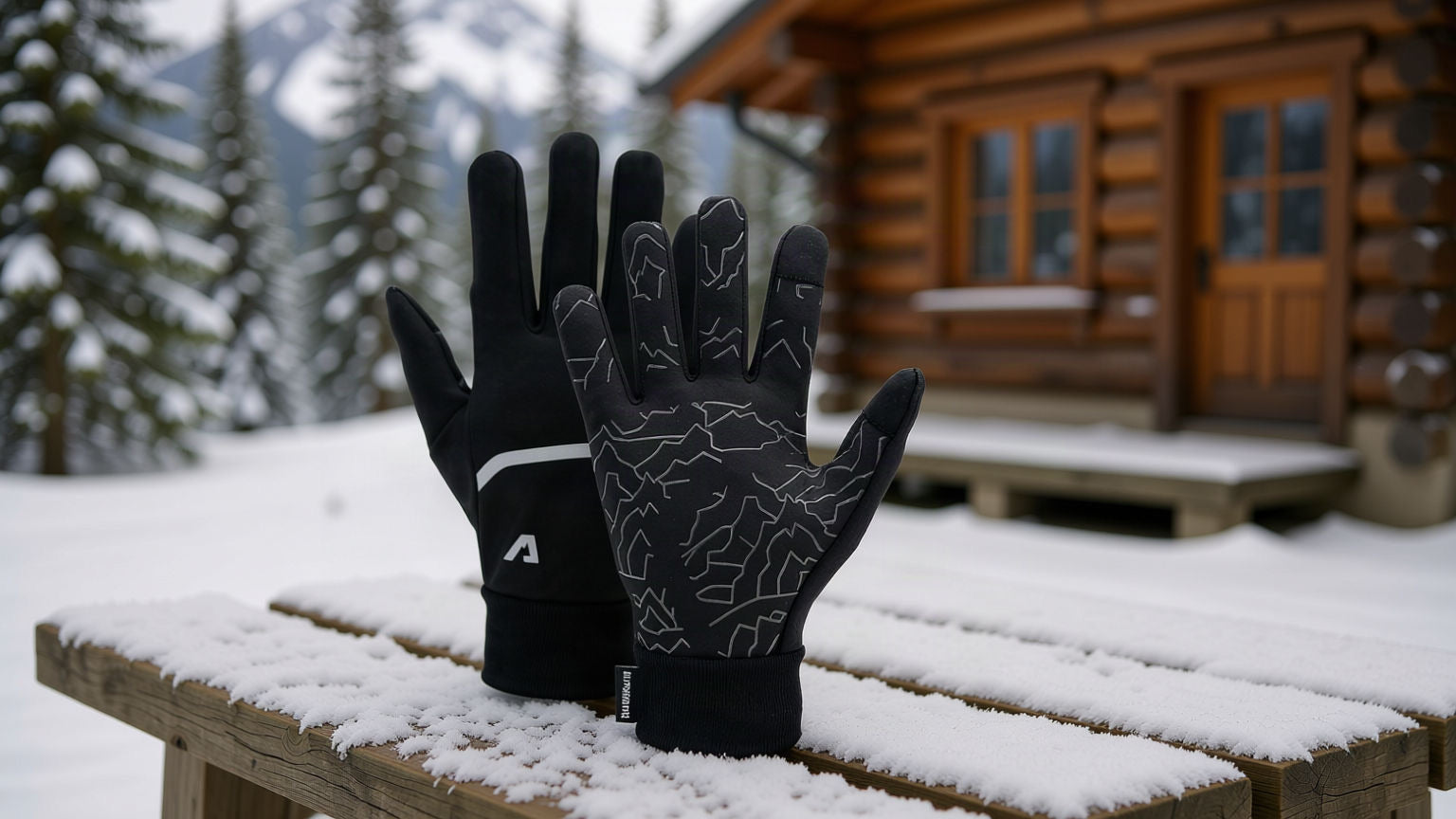 Thermohandschuhe statt beheizbarer Fahrradhandschuhe: Thermo Handschuhe 3.0 auf einem verschneiten Tisch vor einer Almhütte