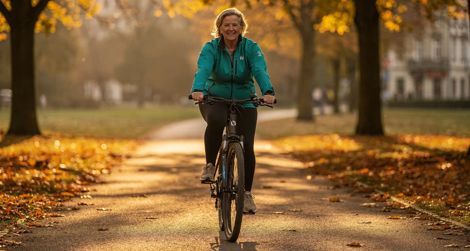 Radfahrerin fährt im Herbst lächelnd durch einen Stadtpark