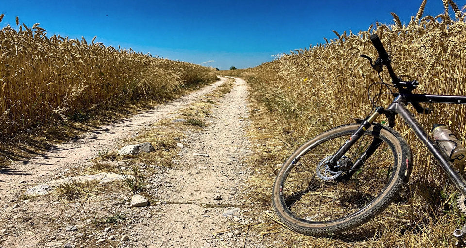 Fahrrad am Rand eines Feldwegs zwischen reifen Weizenfeldern im Hochsommer