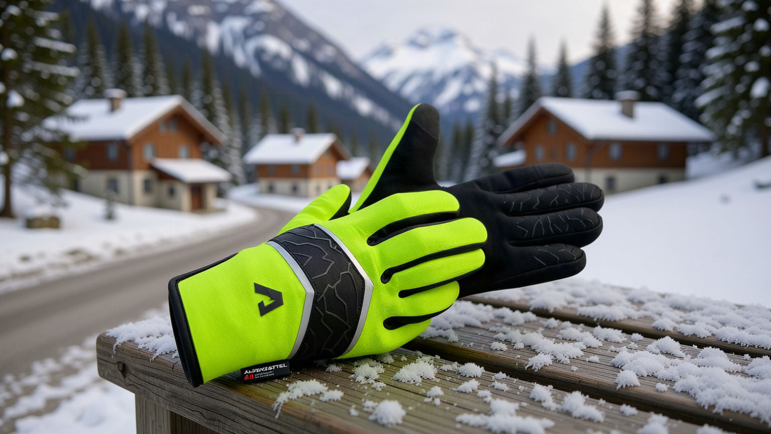 Fahrradhandschuhe Winter Damen: PolarTherm Winter Handschuhe 2.0 in Gelb auf einer verschneiten Bank