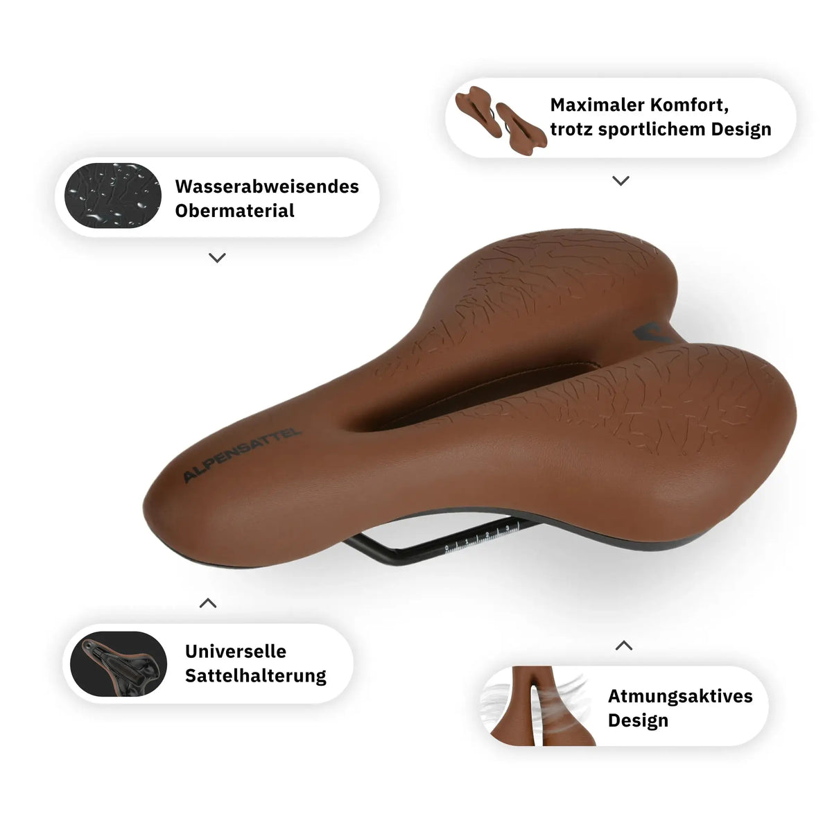 Alpensattel Sport+ Braun Atmungsaktiv, Universelle Sattelhalterung, Wasserabweisend, Komfortabel