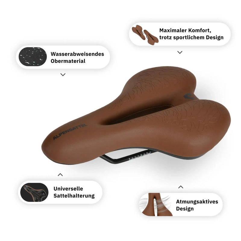 Alpensattel Sport+ Braun Atmungsaktiv, Universelle Sattelhalterung, Wasserabweisend, Komfortabel