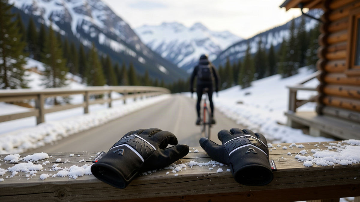 Alpensattel PolarTherm 2.0 Winterhandschuhe auf dem vereisten Geländer einer Berghütte, dahinter ein Radfahrer auf der verschneiten Talstraße