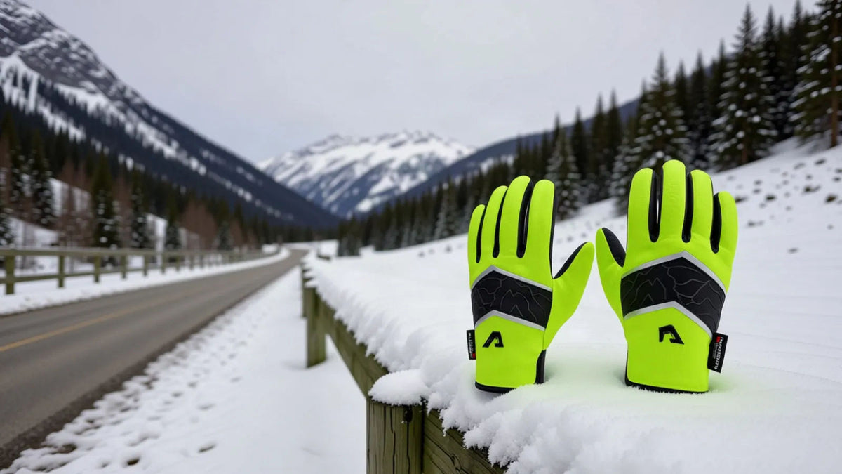 PolarTherm 2.0 Handschuhe in Neon auf einem verschneiten Zaun an einer Bergstraße