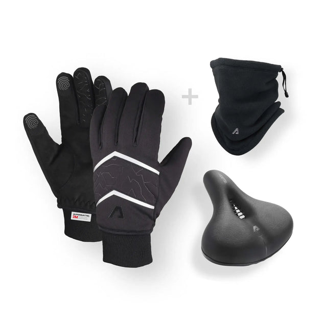 Komfort+ Sattel, PolarTherm Handschuhe und Schlauchschal aus Fleece – Ideal für kalte Tage. Entlastet Gesäß und Rücken, sorgt für warme Hände bis -10 Grad und bietet Touchscreen-Funktion sowie Anti-Rutsch-Beschichtung für maximalen Komfort auf langen Fahrten.