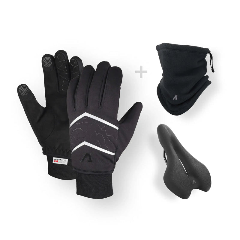 Sport+ Sattel, PolarTherm Handschuhe und Schlauchschal aus Fleece – Ideal für kalte Tage. Entlastet Gesäß und Rücken, sorgt für warme Hände bis -10 Grad und bietet Touchscreen-Funktion sowie Anti-Rutsch-Beschichtung für maximalen Komfort auf langen Fahrten.
